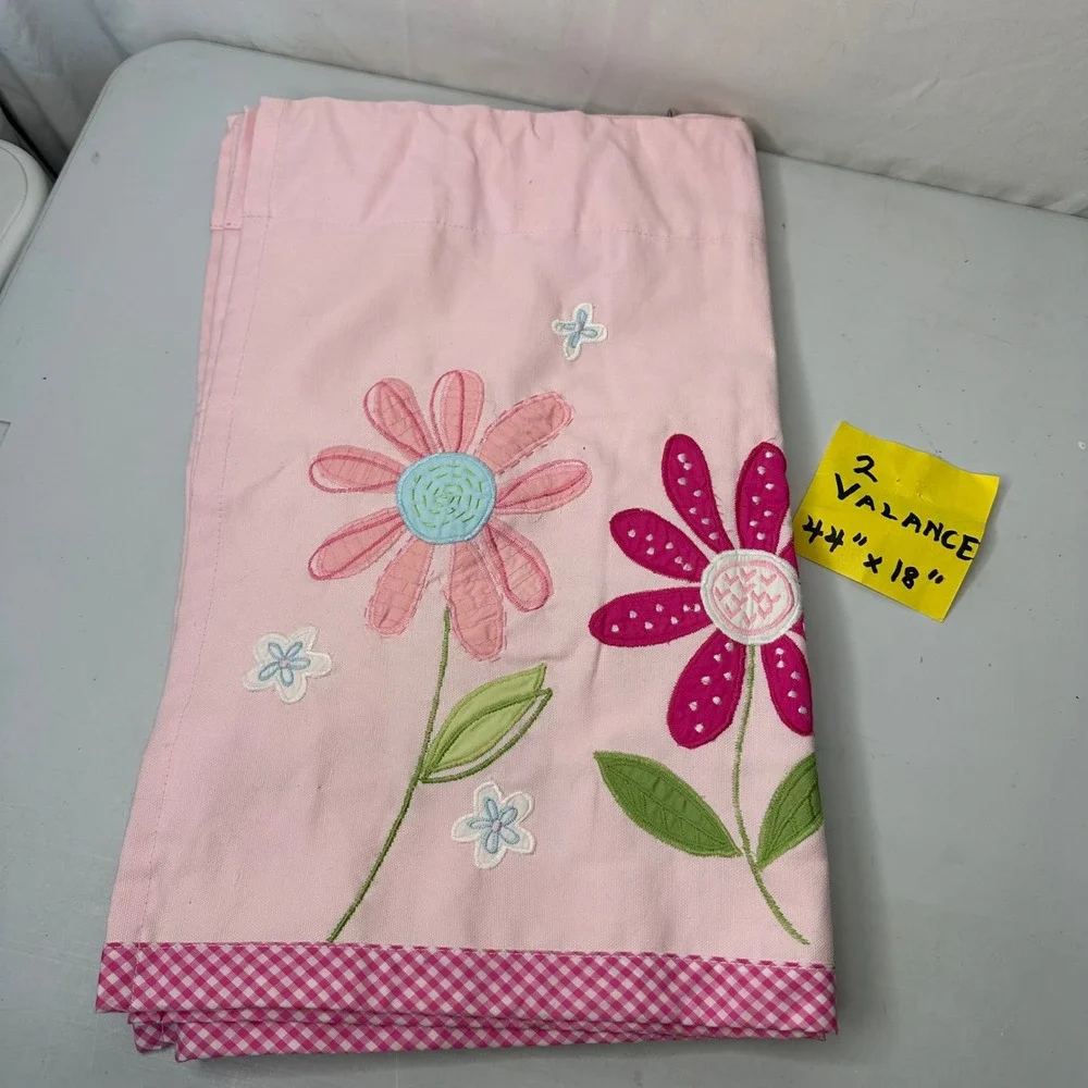 Pottery Barn Kids Pink Floral Embroidered Valance Set of 2 Gingham Trim 44x18